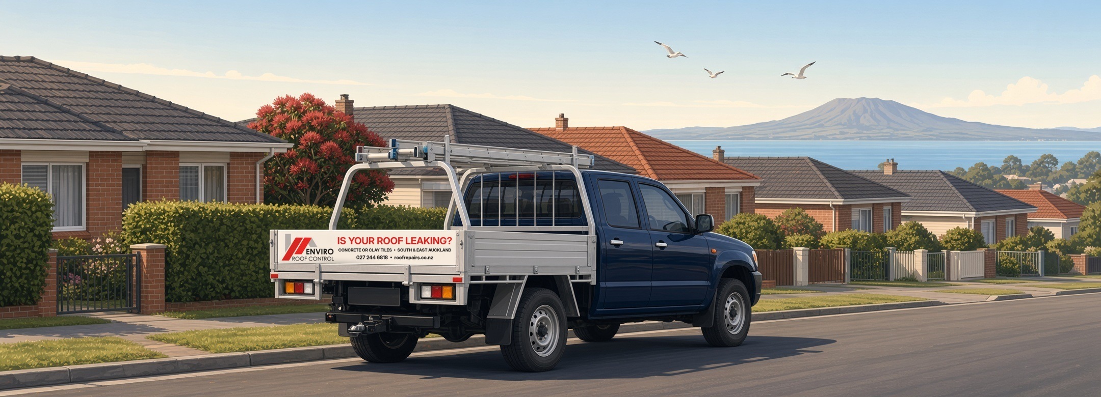 Enviro Roof Control ute in East Auckland with Rangitoto behind